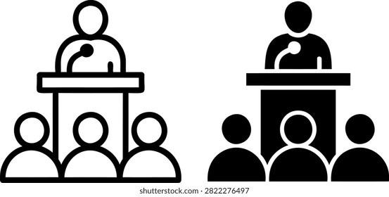 Two speakers addressing audiences at podiums with listeners