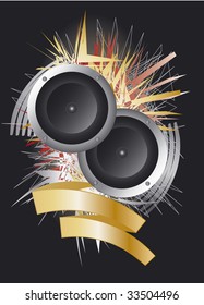 Two speakers against an abstract background with silver, gold, red, and black. A golden ribbon below speakers provides copy space.