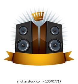 Two speakers with crown and ribbon isolated on white background, music emblem, vector.