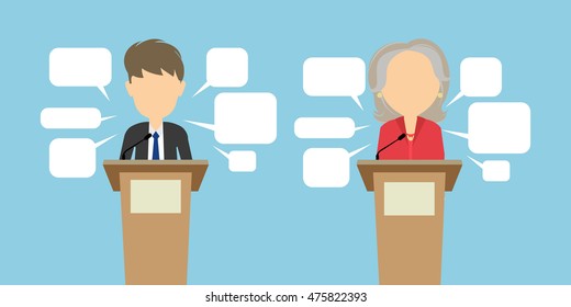 Two speakers debate. Political debates or speeches at the conference. Two speakers Trump and Clinton with speech bubbles. Election concept. Vote.