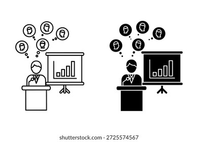 Two speakers presenting with charts and audience thought bubbles in black and white line podium