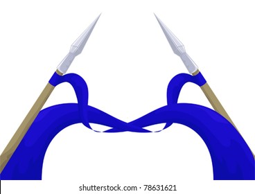 Two spears with dark blue ribbons