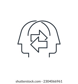 Dos especialistas y flechas en diferentes direcciones. Intercambiabilidad. Competencia profesional. Icono lineal vectorial aislado en fondo blanco.