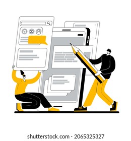 Two IT specialists are engaged in mobile prototyping. A metaphor on the topic of mobile app development.