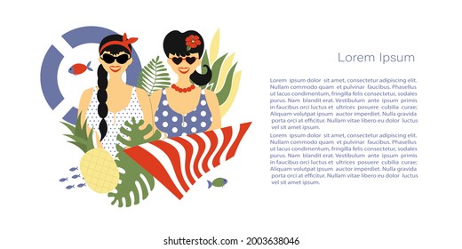 Dos espectaculares chicas blancas con trajes de baño tipo pin-up, retratos de moda con atributos de verano, salvavidas, plantas. Plantilla vectorial con espacio de copia para invitación, tarjetas o banner y afiche, aterrizaje 