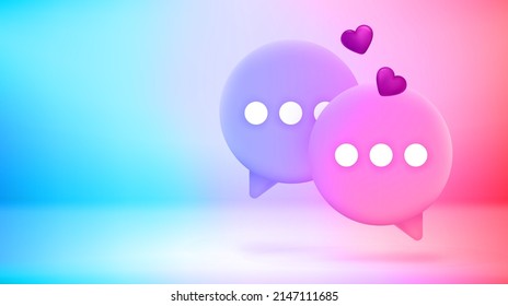 Two speech balloons in love. Conversation concept. Vector 3d banner with copy space