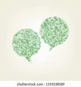 Two speech bubble sign. Vector. Green hexagon rastered icon and noised opacity and size at light green background with central light.