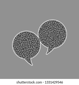 Two speech bubble sign. Vector. Black maze filled icon with white border at gray background.