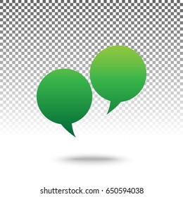 Two speech bubble sign. Vector. Green gradient icon with shadow at bottom on transparent and white background.