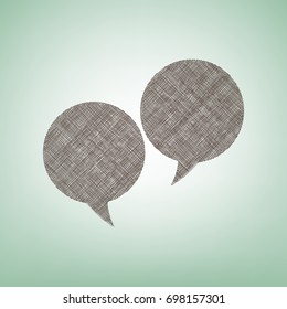 Two speech bubble sign. Vector. Brown flax icon on green background with light spot at the center.
