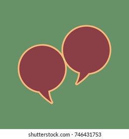 Two speech bubble sign. Vector. Cordovan icon and mellow apricot halo with light khaki filled space at russian green background.