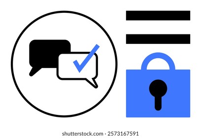 Two speech bubbles in circle, one with check mark, beside lock icon with equality sign. Ideal for secure communication, message verification, privacy, encryption, and data protection. Simple flat