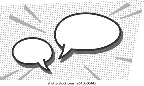 Two speech bubbles in a comic book style with dotted background and dynamic lines. The illustration features bold outlines and a retro pop art feel. Cartoon vector illustration.