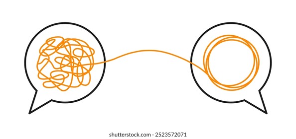 Zwei Sprechblasen Konversationssymbole mit Linien-Kritzeleien und gleichen Ringen, Psychotherapiekonzept, Brainstorming, Therapeut und Patient, mentale Problemlösung
