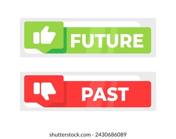 Two speech bubbles with FUTURE in green and PAST in red, symbolizing the contrast and transition between times.