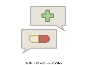 Zwei Sprechblasen mit grünem Arztkreuz und Medizin, die die Behandlung darstellt
