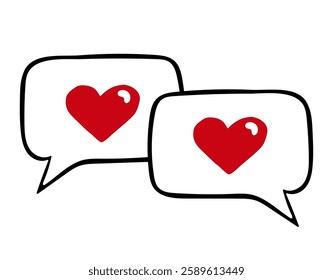 Two speech bubbles with heart emoji sign. Minimalistic doodle illustration concept for digital love, connection, or online communication 