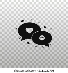 Two speech bubbles with heart and lip symbols on transparent background. Love chat bubble glyph icon for social media. Romantic and flirting messaging or conversation black silhouette.   