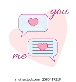 Two speech bubbles with a heart for romantic communication. Romantic message or chat on social media. Vector illustration