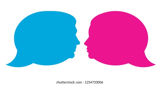 Two speech bubbles with human faces. A conversation between a man and a woman.