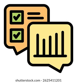 Two speech bubbles illustrating completed tasks with checkmarks and growing statistics with a bar graph, symbolizing progress and achievement