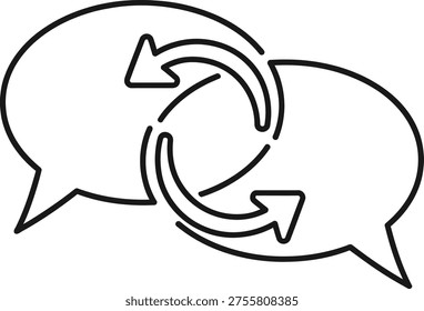 Two speech bubbles linked by rotating arrows. Represents ongoing communication, translation, and feedback loops.