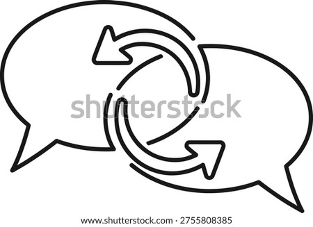 Two speech bubbles linked by rotating arrows. Represents ongoing communication, translation, and feedback loops.
