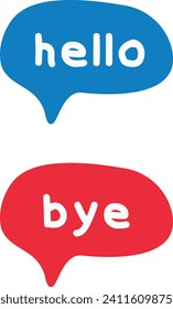 Two speech bubbles on a white background, one blue with “hello” and one red with “bye”.