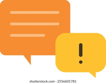 Two speech bubbles, one depicting dialogue with wavy lines, and the other containing an exclamation mark, symbolizing conversation and emphasis.