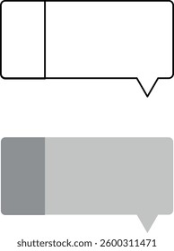 Two speech bubbles: one outlined with a vertical divider and one filled with two shades of gray, representing communication and design concepts. Bubbles, communication, design