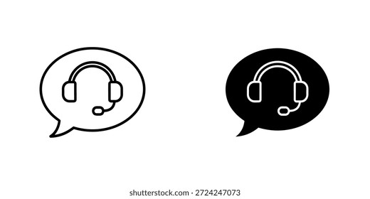 Duas bolhas de fala, uma com um ícone de headset branco e outra com um ícone de headset preto, representando comunicação e suporte ao cliente.