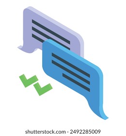 Two speech bubbles are overlapping with two green check marks, representing a successful online conversation