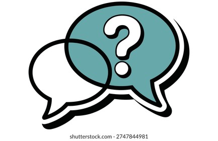 Two speech bubbles with a prominent question mark in one bubble represent conversation and inquiry in a simple vector graphic illustration on a clean white background suitable for various design applications.