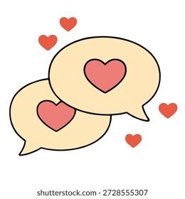 Dos burbujas de discurso con corazones rojos, rodeados de corazones flotantes, simbolizan la comunicación amorosa