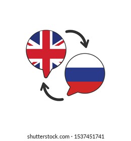 Two speech bubbles with Russin and Great britain flags. Translation from English to Russin. English language conceptual illustration. Interpreting En to Ru. Stock vector illustration isolated on white