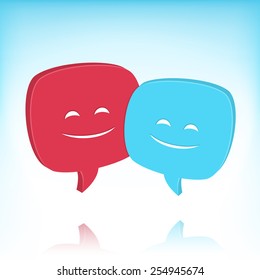 Two speech bubbles with smiling faces. No transparency effects. Gradient mesh used in the background.
