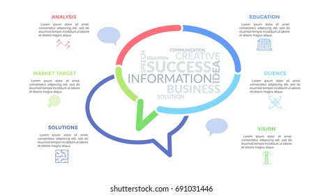 Two speech bubbles with word clouds inside surrounded by thin line symbols and text boxes. Concept of conversation, communication and messaging. Minimal infographic design layout. Vector illustration.