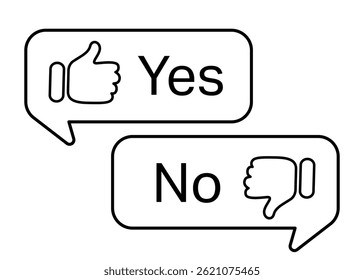 Two speech bubbles with "Yes" or "No". Like and dislike. Representing positive and negative responses. Rating of customer service satisfaction. Feedback concept. Quality control