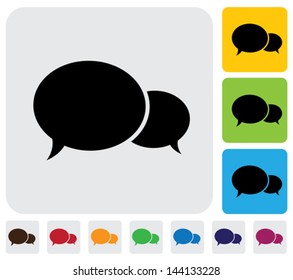 Two speech bubbles(chat icons)- minimalistic vector graphic. The illustration has simple colorful icons on green,orange & blue backgrounds & is useful for websites,blogs,documents,printing,etc