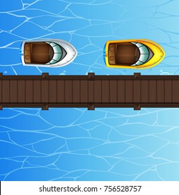 Two speed boats floating by the bridge illustration