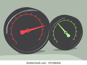 Two speed, power gauges. Vector illustration