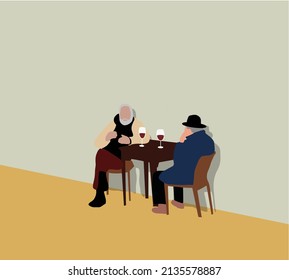 Two spending time on the cafe summer talking and drinking wine. The concept of active old age. Flat vector characters.  