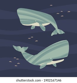 Two sperm whales. Ocean animals in trendy flat style. Hand drawn marine mammals with decorative dry brush texture. Vector illustration isolated on dark background.