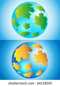 Two spheres made of spring and autumn leaves of a maple against the blue sky