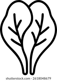 Two spinach leaves are depicted in a simple, outlined style, showcasing their natural form and vein structure.
