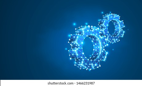 Two Spinning Gears. Industry development, engine work, business solution concept. Machine engineering technology symbol. Abstract, wireframe, low poly, mesh, vector blue neon 3d illustration. Line dot