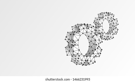 Two Spinning Gears. Industry development, engine work, business solution, machine engineering technology concept. Abstract, wireframe, low poly, mesh, vector white origami 3d illustration. Line dot