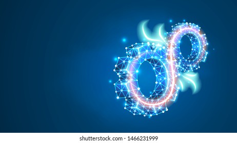 Two Spinning Gears. Industry development, engine work, business solution concept. Machine engineering technology symbol. Abstract, wireframe, low poly, mesh, vector blue neon 3d illustration. Line dot