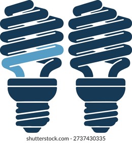 Two spiral light bulbs, one with a light blue spiral and one dark blue, on a white background, representing energy saving ideas