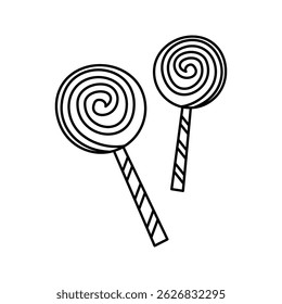 Two spiral lollipops in line art style, symbolizing fun and sweetness. Line Art Style Icon Illustration